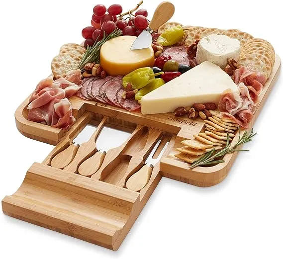 Casafield Organic Bamboo Cheese Cutting Board & Knife Gift Set - Wooden Serving Tray for Charcuterie Meat Platter, Fruit & Crackers - Slide Out Drawer with 4 Stainless Steel Knives