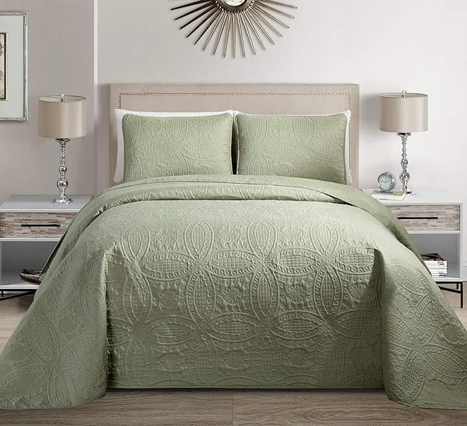 MK Home Mk Collection Solid Embossed Bedspread Bed Cover Over Size (Light Green, King/California King)