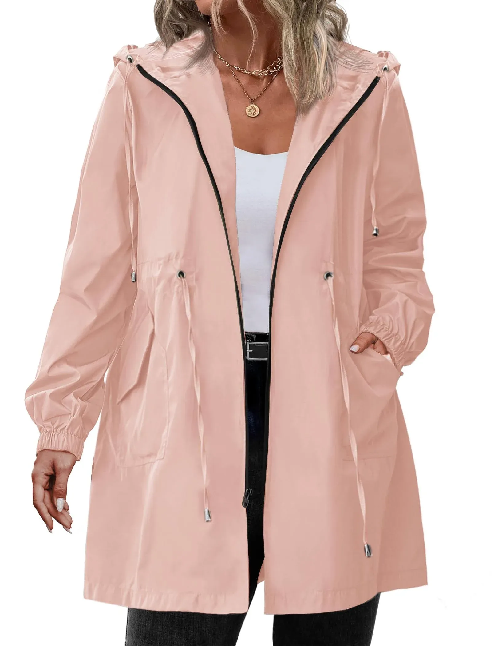 IN&#039;VOLAND Women&#039;s Rain Jacket Plus Size Long Raincoat Lightweight Hooded Windbre