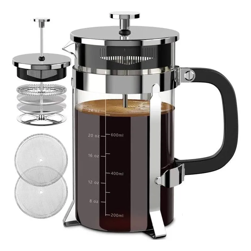 QUQIYSO French Press Coffee Maker 34oz 304 Stainless Steel French Press with 4 Filter, Heat Resistant Durable, Easy to Clean, Borosilicate Glass