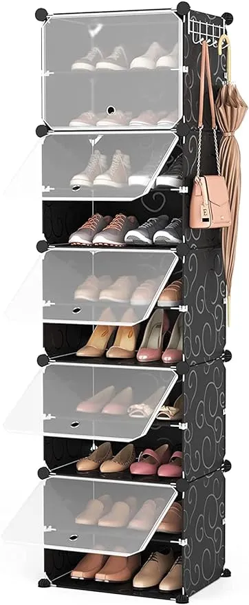 ROJASOP Shoe Organizer, 10-Tier Portable Shoe Rack Organizer with 2 Hooks 20 Pairs Shoes Storage Cabinet with Doors Plastic Shoe Closet for Entryway Bedroom Hallway (Clear, 1 by 10)