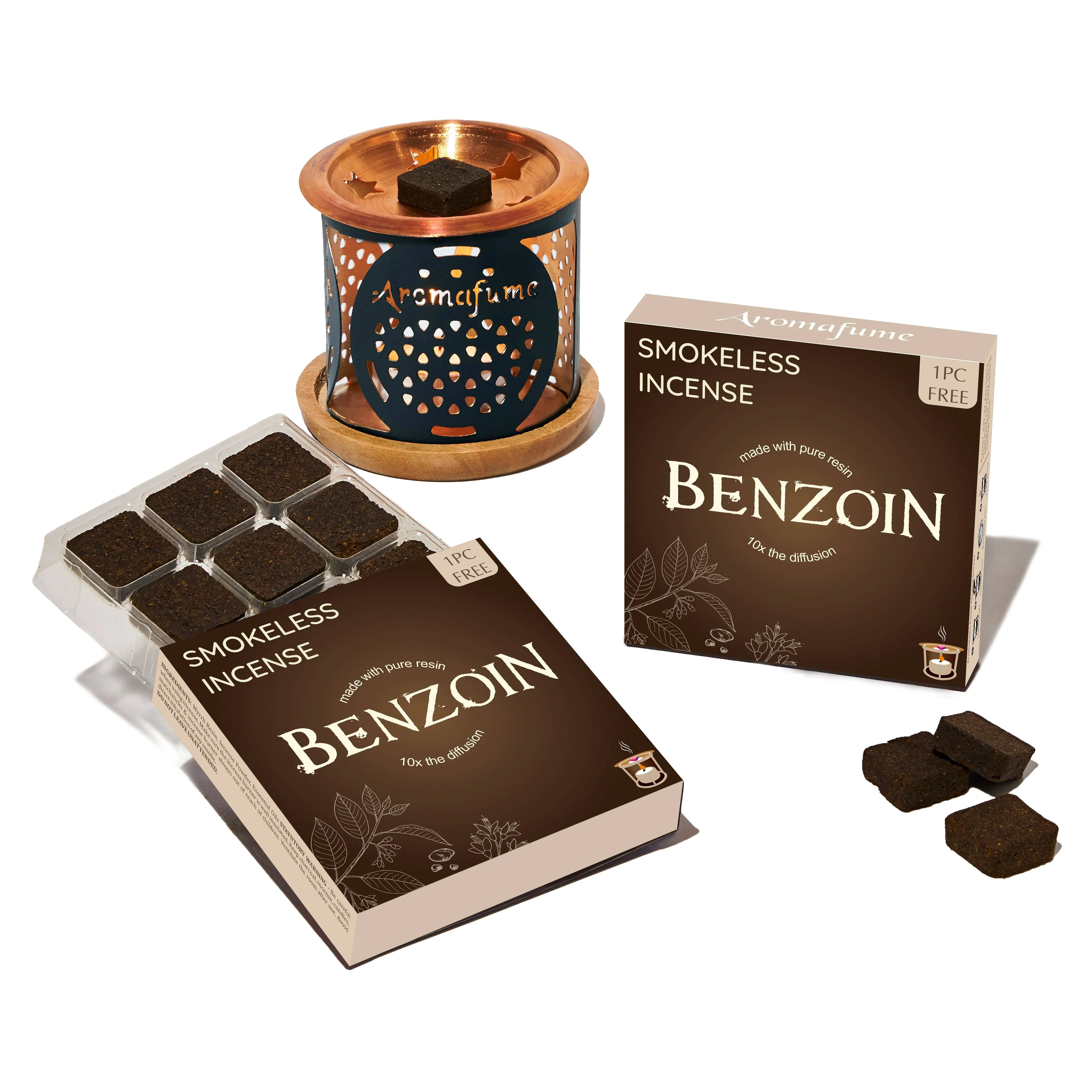 Benzoin Resin Incense Bricks and Flower of Life Burner Set | Styrax Extract | Charged with Pure Resins | Smokeless Non-Toxic | Spirituality