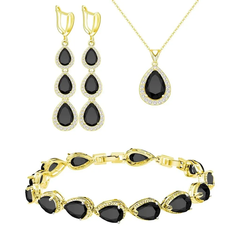 LMXXVJ Black CZ Stone Jewelry Sets for Women Girl，18k Gold Plated Necklace Lo...