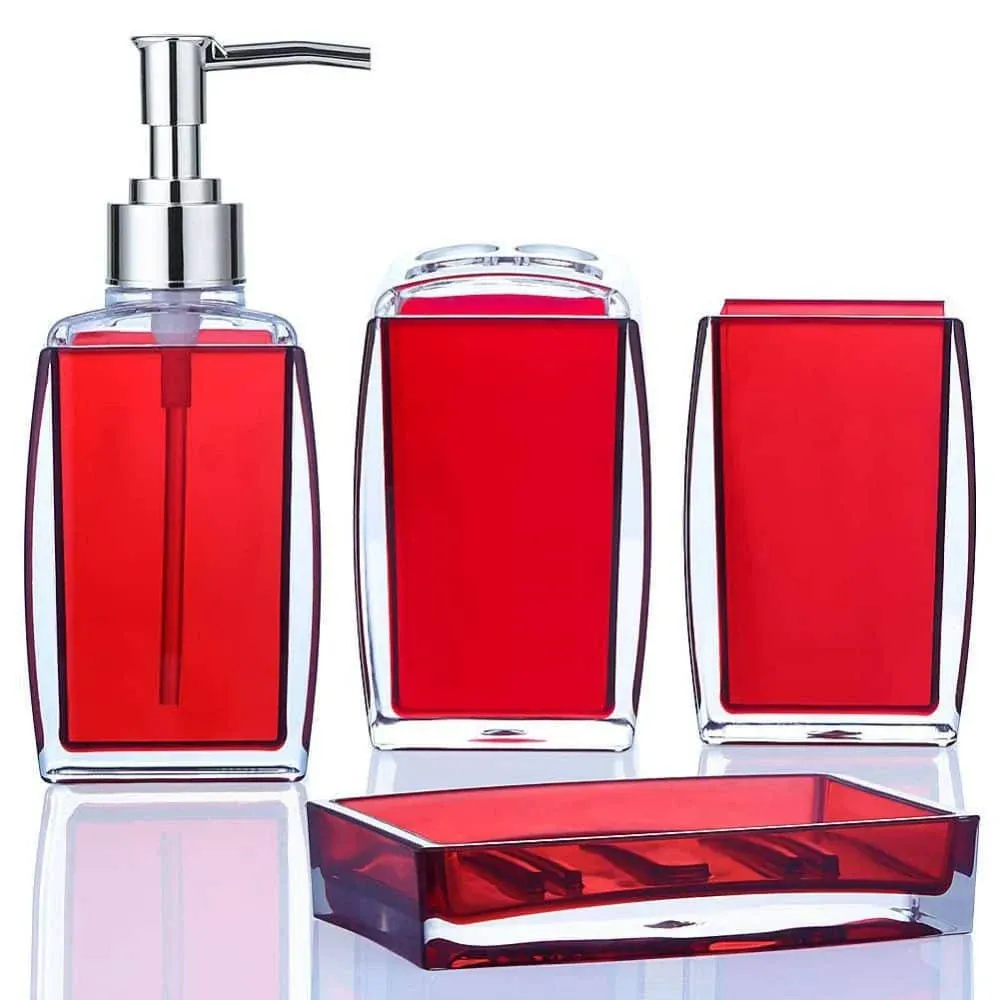 Dracelo 4-Piece Bathroom Accessory Set with Toothbrush Holder, Toothbrush Cup, Soap Lotion Dispenser, Soap Dish in Red B09L75LHT5