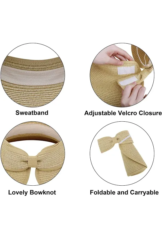 Simplicity Women's Roll Up Wide Brim Straw Sun Hat Visor Ribbed_Beige, Size: Large