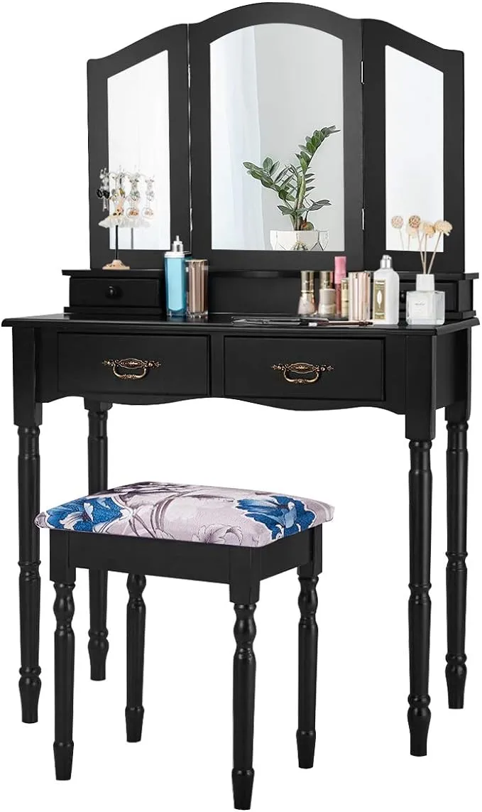 Black Tri Folding Mirror Vanity Makeup Table Stool Set Home Furni W/4 Drawers