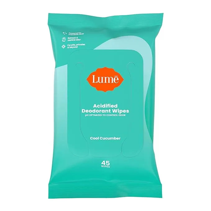 Lume Acidified Deodorant Wipes - 24 Hour Odor Control - Aluminum Free, Baking Soda Free, Skin Loving - 15 Count (Pack of 3) (Cool Cucumber)