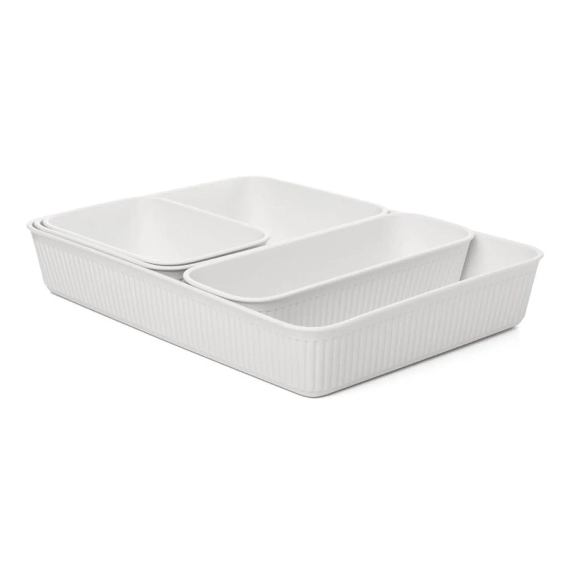 Superio Set of 4 Decorative Plastic Ribbed Desk Drawer Organizing Tray (White)