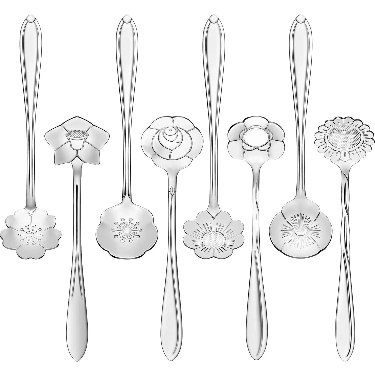 8 Pieces Flower Spoon Coffee Teaspoon Set Stainless Steel Tableware Creative Sugar Tea Stir Bar Stirring Spoon, Different Patterns (Silver)