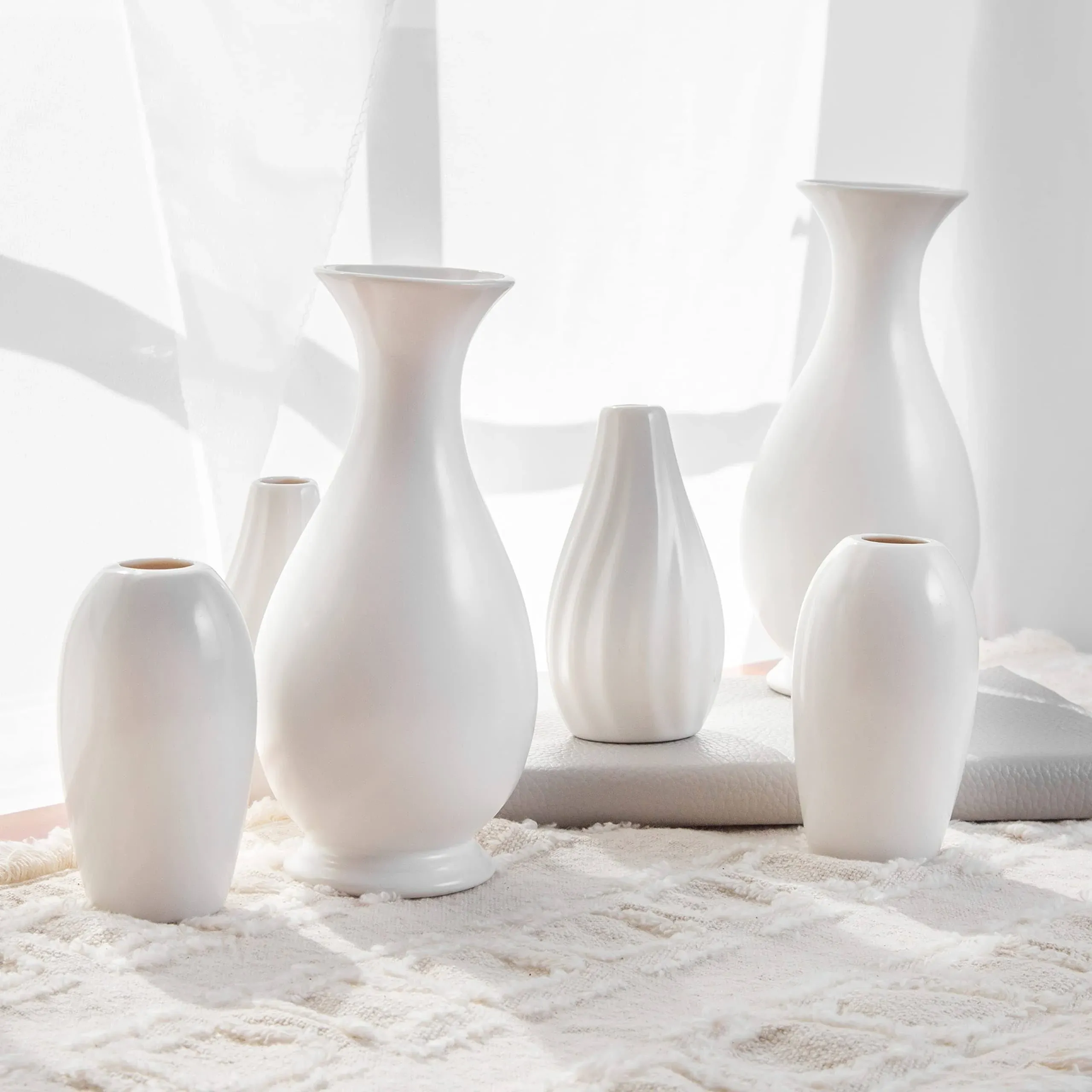 Crutello Ceramic Vase Set of 6 White Decorative Glossy Vases - Classic Small Bud ...