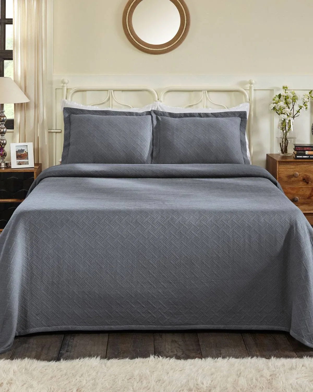 Superior Basket Weave Matelassé Cotton Bedspread Set Grey / Twin