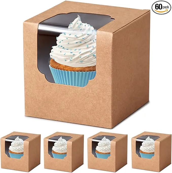 Shallive Kraft Cupcake Boxes Individual 60 Pcs with Inserts, Cocoa Bomb Packaing Single Brown Cupcake Containers Paper 35 Holder