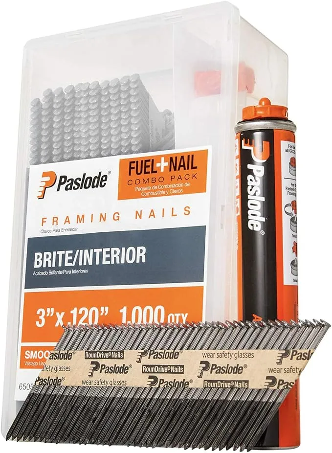 Paslode, Framing Nails and Fuel Pack, 650524, 3 inch x .120 Gauge, Smooth Brite, 1 Fuel Cell and 1,000 Nails