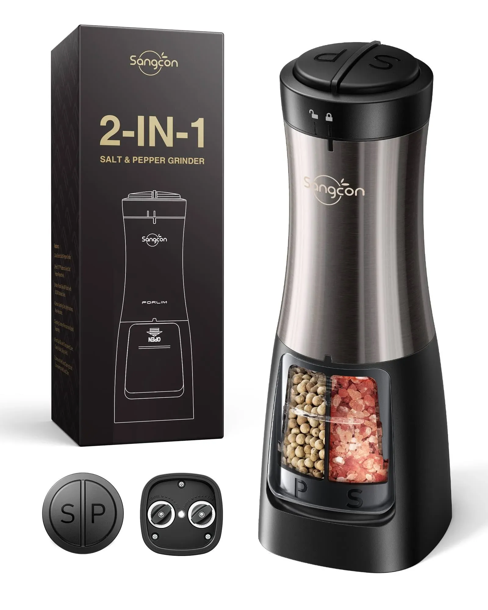 Sangcon 2 in 1 Electric Salt and Pepper Grinder Set Shaker - Automatic Salt and Pepper Grinder Mill Dual Combo, Battery Powered One-Handed Operation Refillable with Light Adjustable Ceramic Grinder