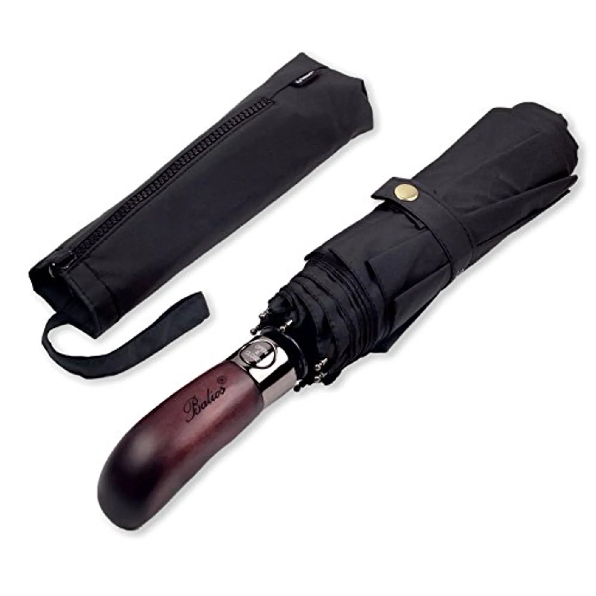 Travel Folding Umbrella with Real Wood Handle Auto Open Close Vented Windproof Canopy - Designed in UK