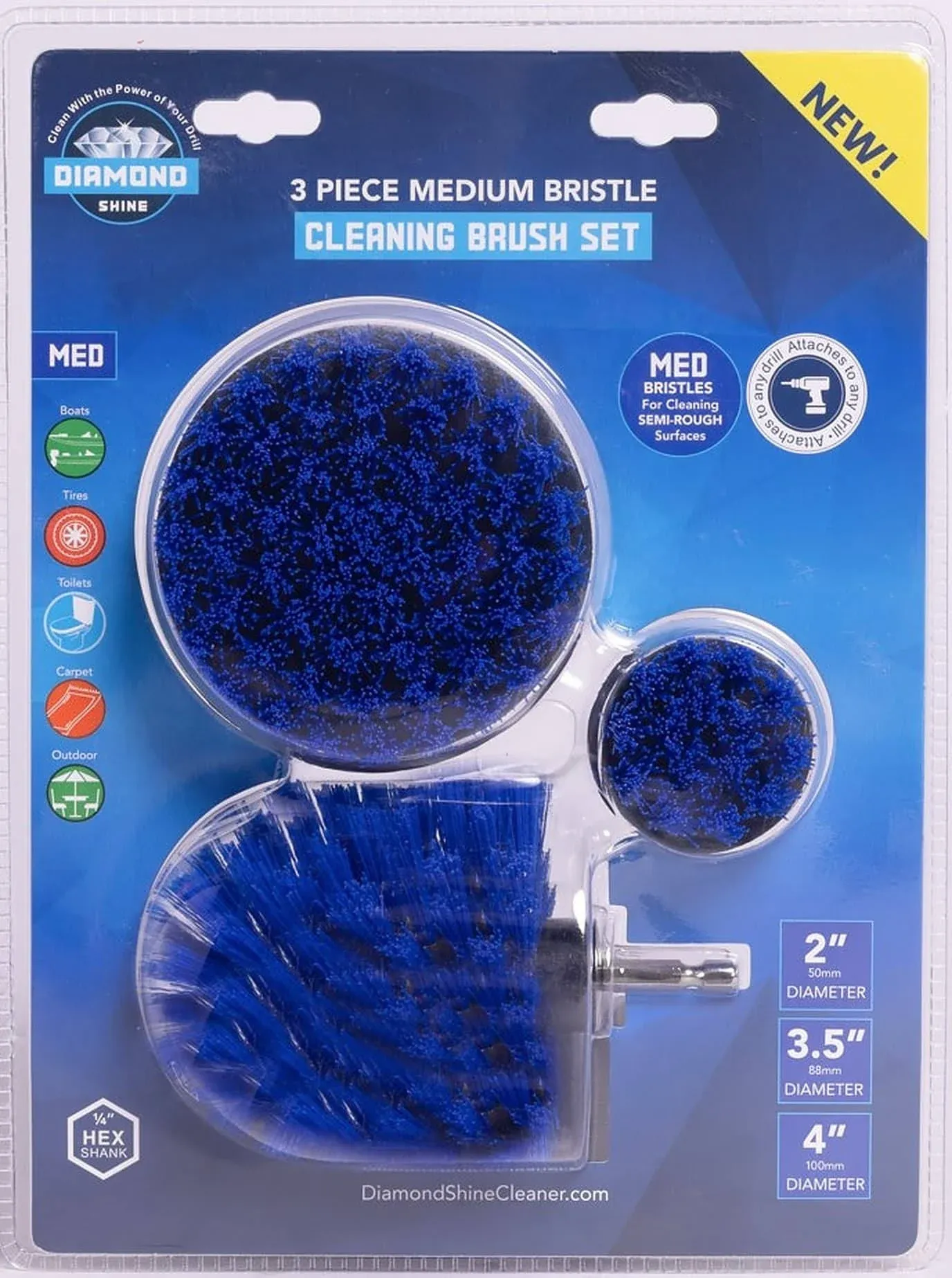 Diamond Shine Drill Brush Attachment - Cleaning & Scrubbing, 3-Pack, Medium Bristle - Tile, Grout, Floors, Bathtub, Shower Stall - Turn Drill Into DS3M