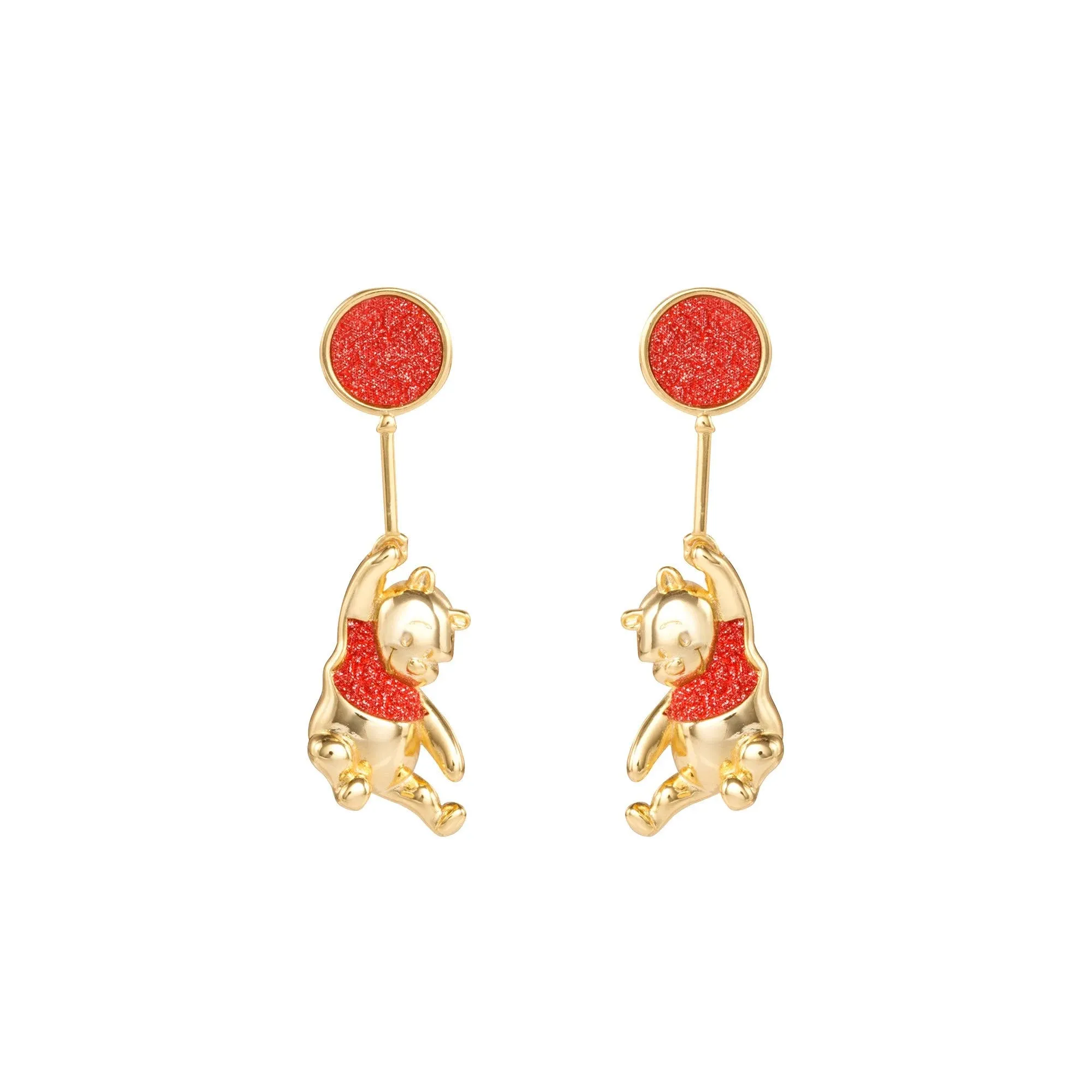 Disney Womens Winnie the Pooh Gold Plated Red Glitter Balloon Swinging Earrings