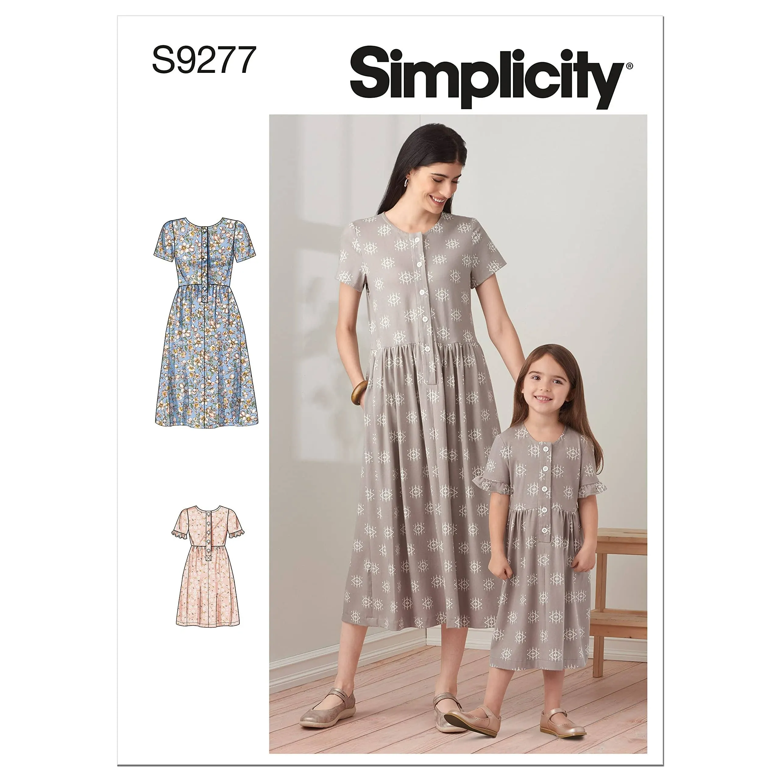 Mother Daughter Classic Dresses Simplicity S9277 A (Child -8/Misses XS-XL) New Sewing Pattern, Button Placket, Short Sleeve, Sleeve Ruffle