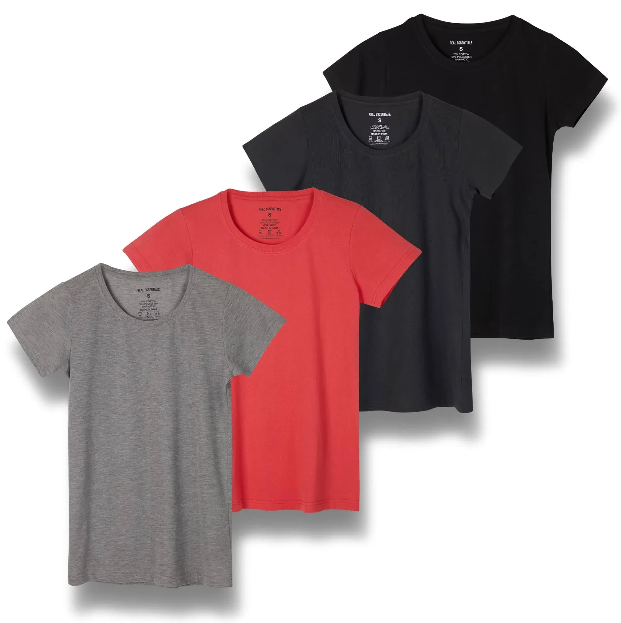 Real Essentials 4 Pack: Women's Classic-Fit Cotton Short-Sleeve Scoop Crew Neck T-Shirt (Available in Plus Size)