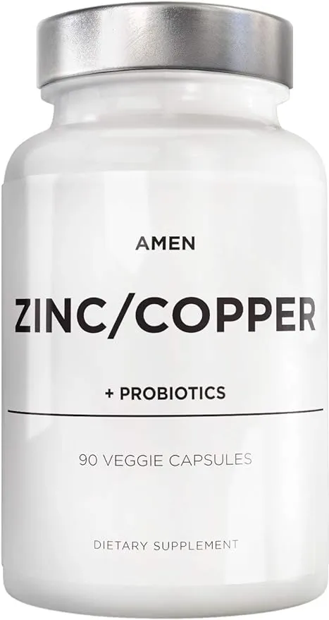 Amen Zinc & Copper Supplement + Probiotics, 3 Months Supply, One Per Day - 50 mg Zinc Picolinate Vitamin Pills - Essential Minerals Supplements – 2 Billion CFUs Probiotic – Vegan, Non-GMO, 90 Capsules