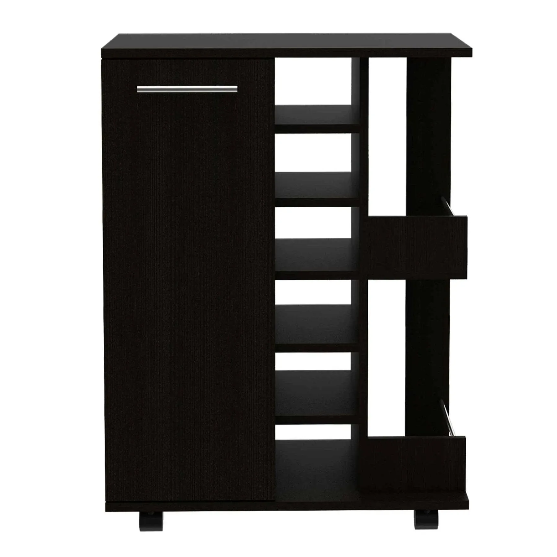 Bar Cart, Two External Shelves, Four Casters, Six Built-in Wine Rack, Single Door Cabinet, Black