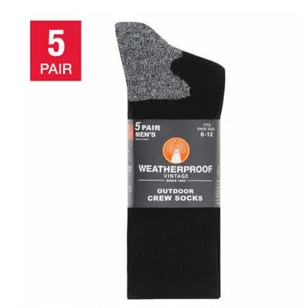 Weatherproof Vintage Men's Outdoor Wool Blend Crew Socks, Black, 5 Pairs