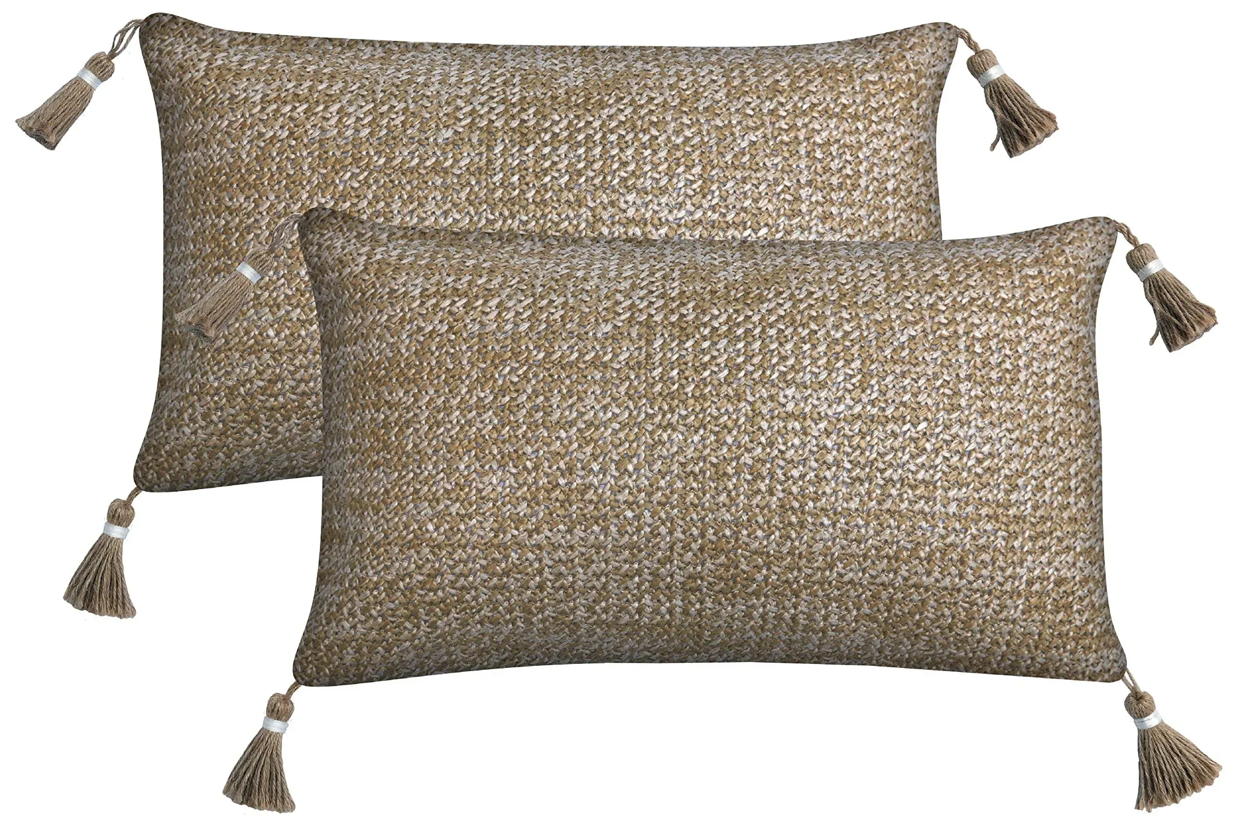 Honeycomb Indoor/Outdoor Raffia Natural Lumbar Toss Pillow with Tassels, Woven ...