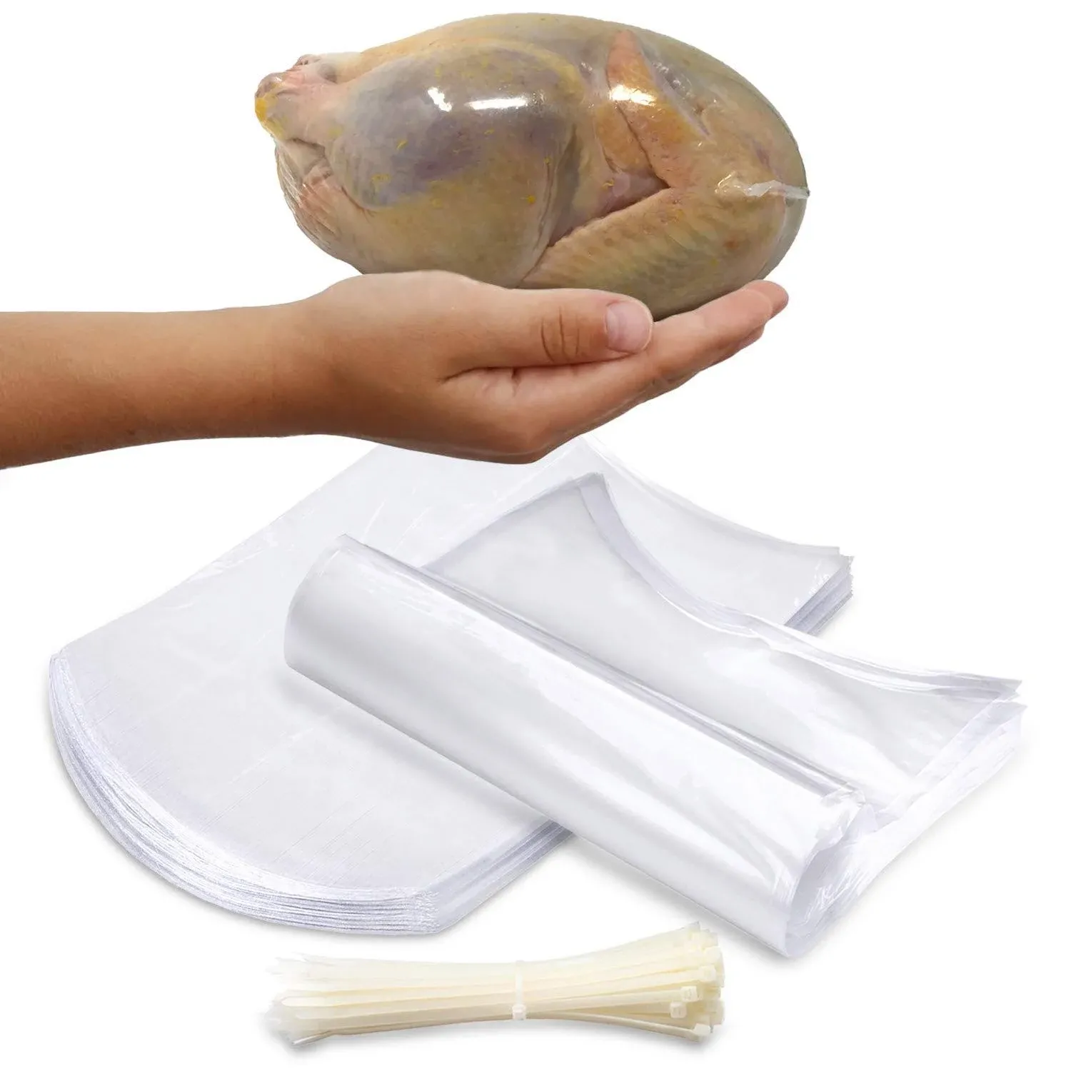 Poultry Shrink Bags 100 Clear 10" x 16" for Whole Chickens or Rabbits w/ 100 zip ties included / 2.5 Mil Freezer Safe Commercial Grade BPA BPS Free