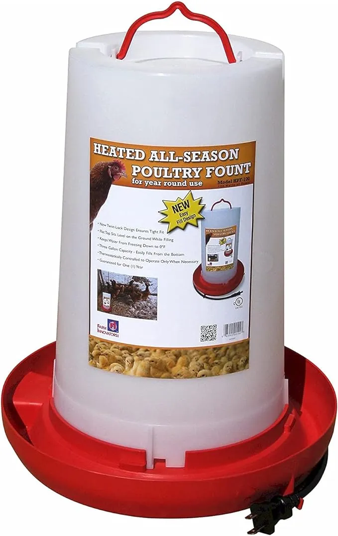 Farm Innovators Heated Chicken Waterer, Poultry Water Fountain, 3 Gallon