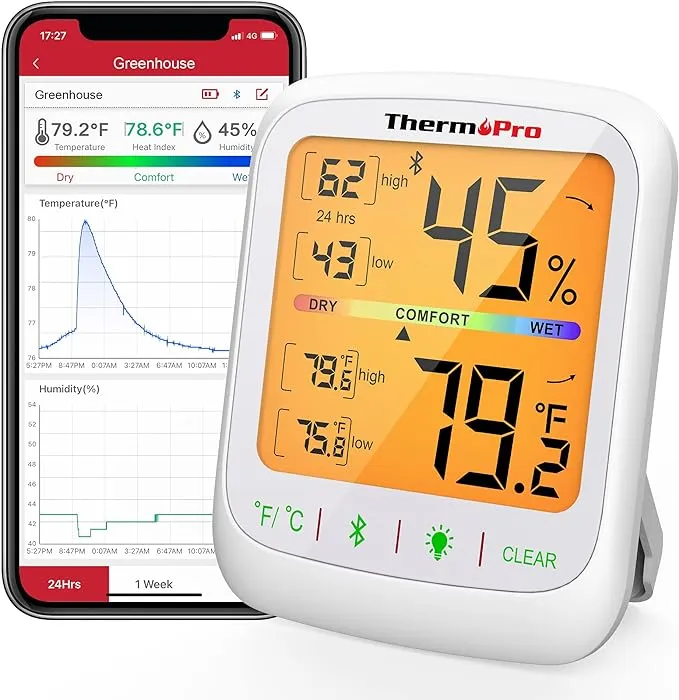 ThermoPro Tp359 Bluetooth Hygrometer Thermometer, 260ft Wireless Remote Temperature and Humidity Monitor, with Large Backlit LCD, Indoor Room