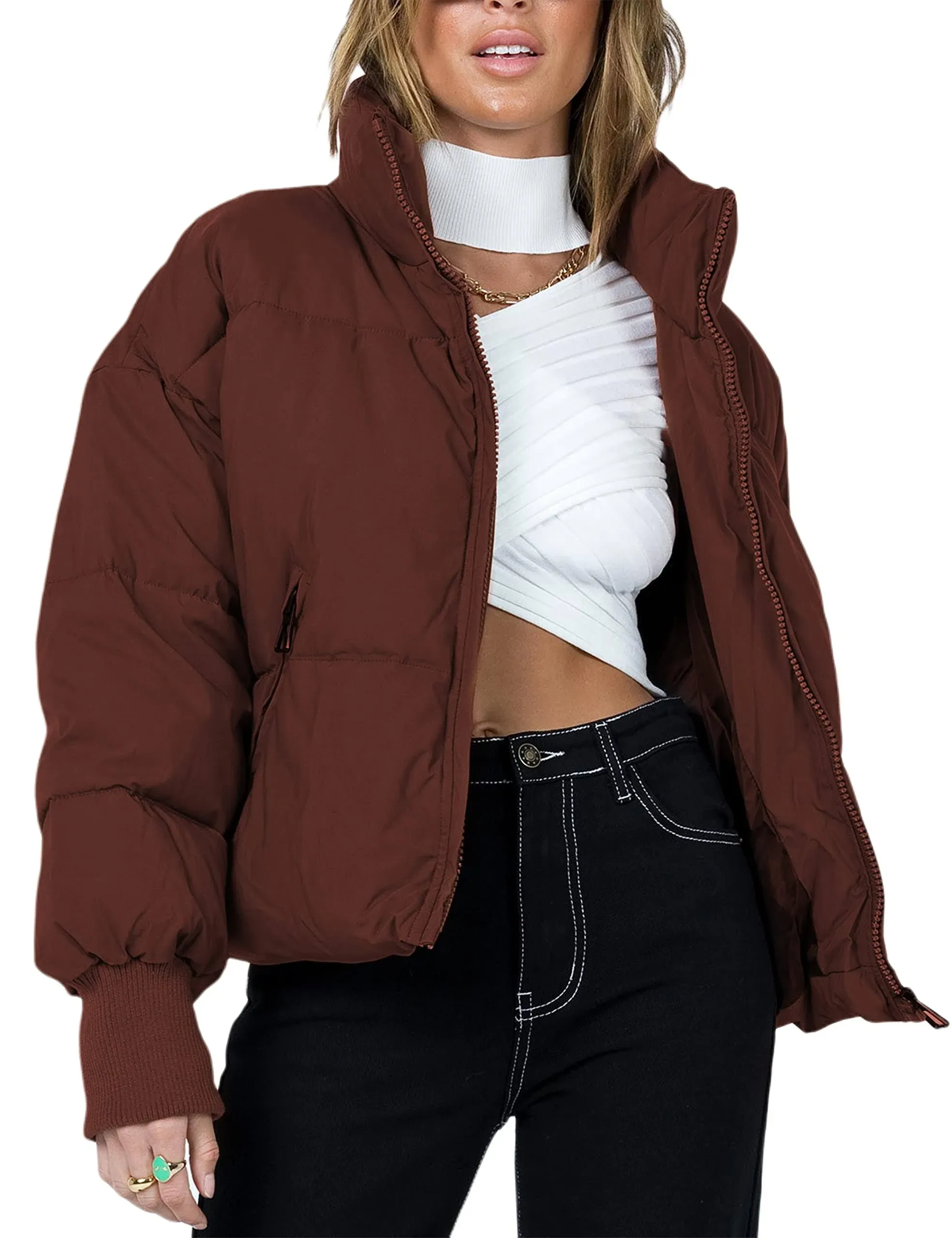 Uaneo Womens Casual Padded Full Zip Stand Collar Long Sleeve Puffer Jackets