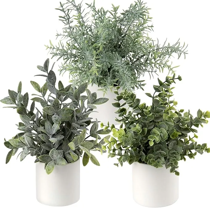 Briful Mini Fake Plants Set of 3 Small Faux Plant Eucalyptus Rosemary Greener...