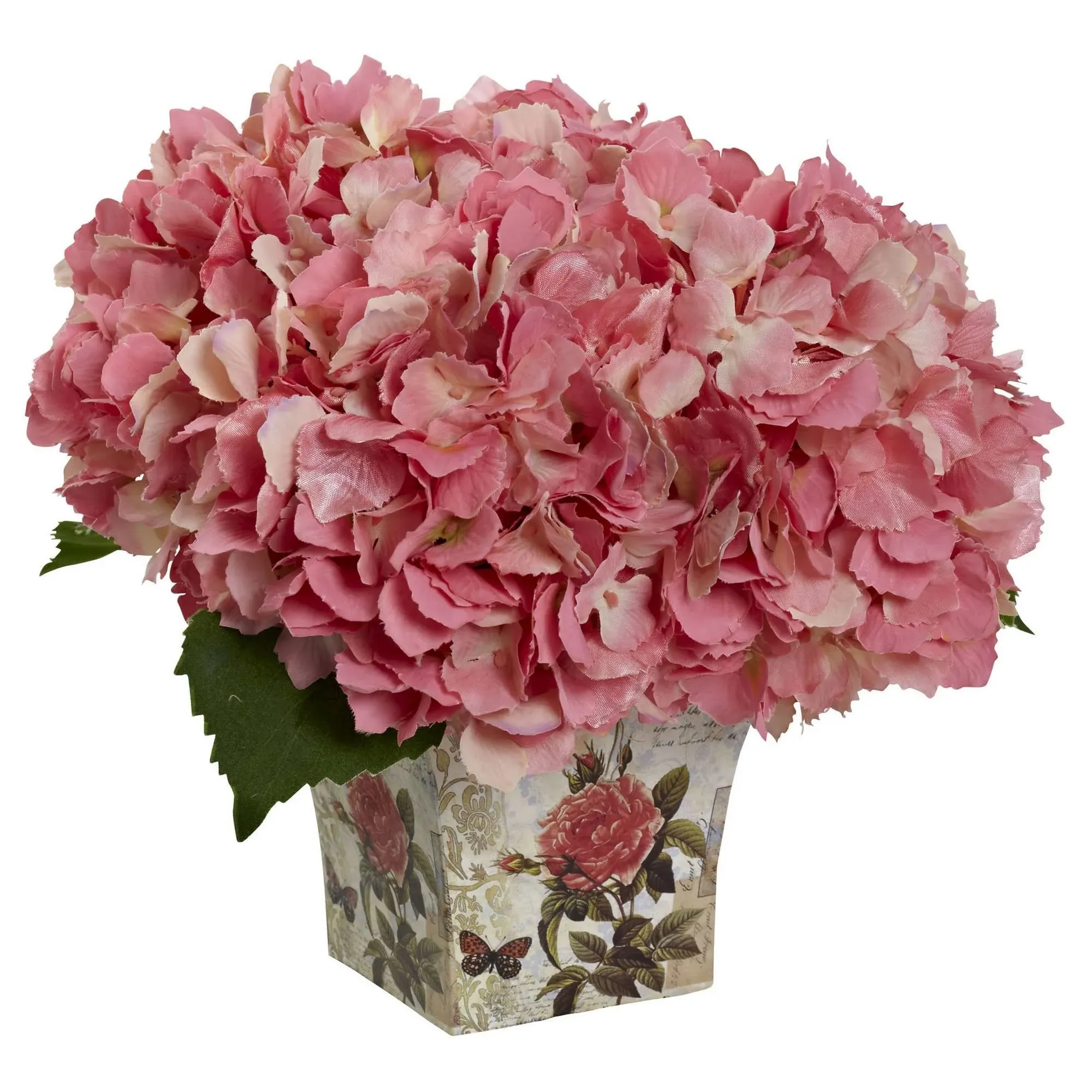 Nearly Natural Hydrangea with Floral Planter - Pink