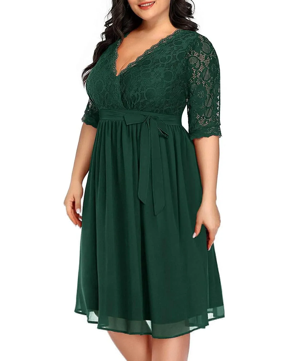 Pinup Fashion Plus Size Lace Chiffon Wrap V Neck Dresses Women Cocktail Wedding Guest Midi Dress