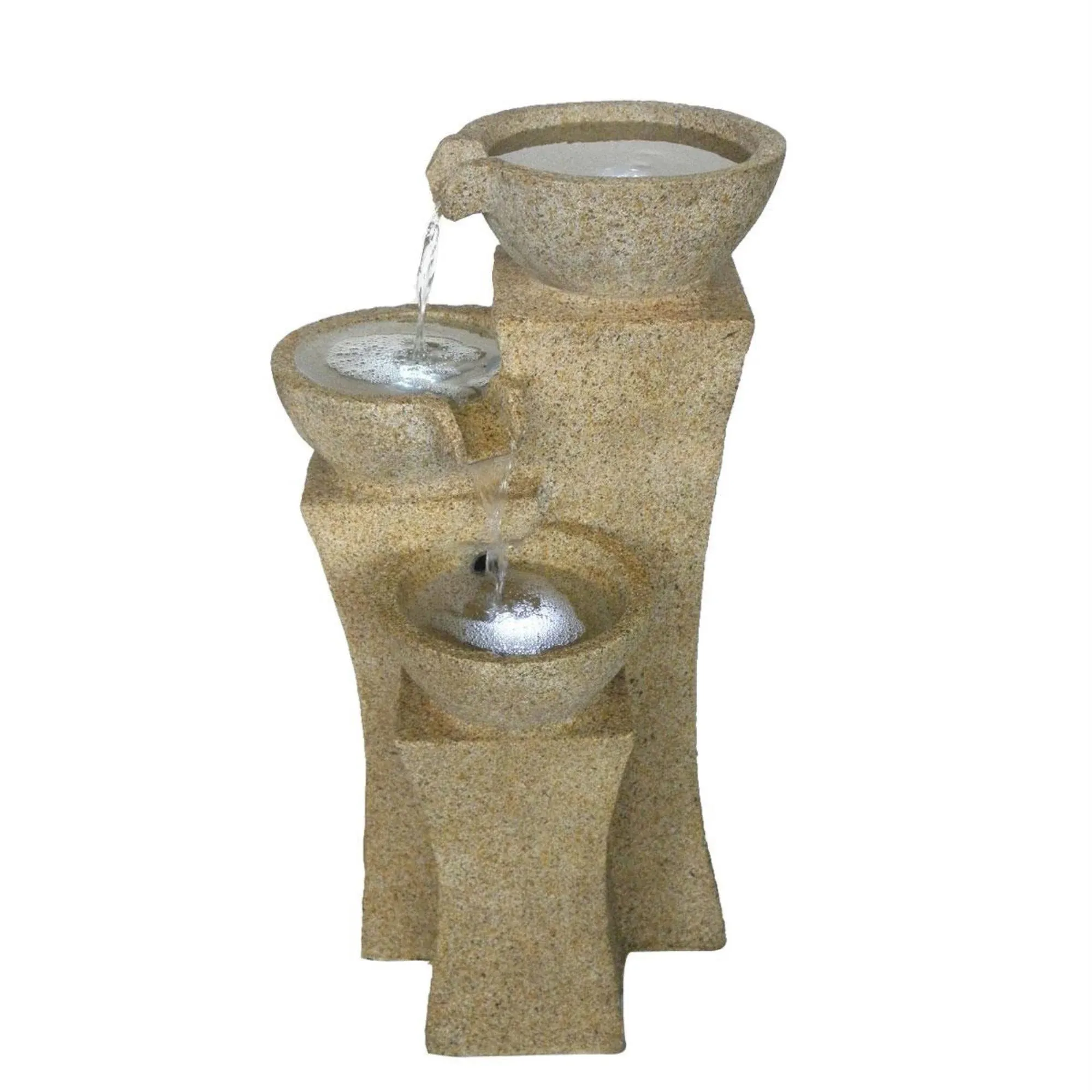 Pure Garden Cascade Bowls Outdoor Fountain with LED Lights, Sand Stone