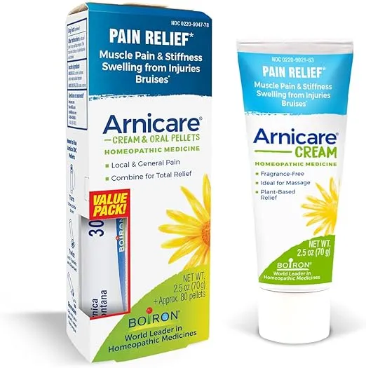 Boiron Arnicare Cream and Arnica 30c Value Pack for Pain Relief, Muscle Soreness, and Swelling from Buising or Injury - 2.5 oz + 80 Pellet Tube