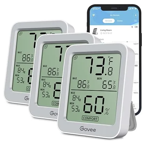 Govee Indoor Hygrometer Thermometer 3 Pack, Bluetooth Humidity Temperature Gauge with Large LCD Display, Notification Alert with Max Min Records, 2 Years Data Storage Export, GreyGovee Indoor Hygrometer Thermometer 3 Pack, Blueto…