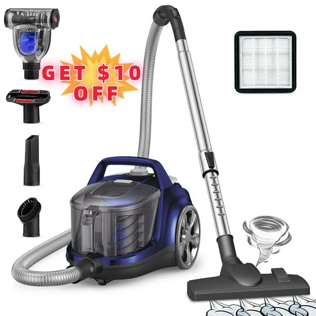 Aspiron Canister Vacuum Cleaner, 5 Brushes, 3.7QT Bagless Vacuum with Double HEPA Filter, New