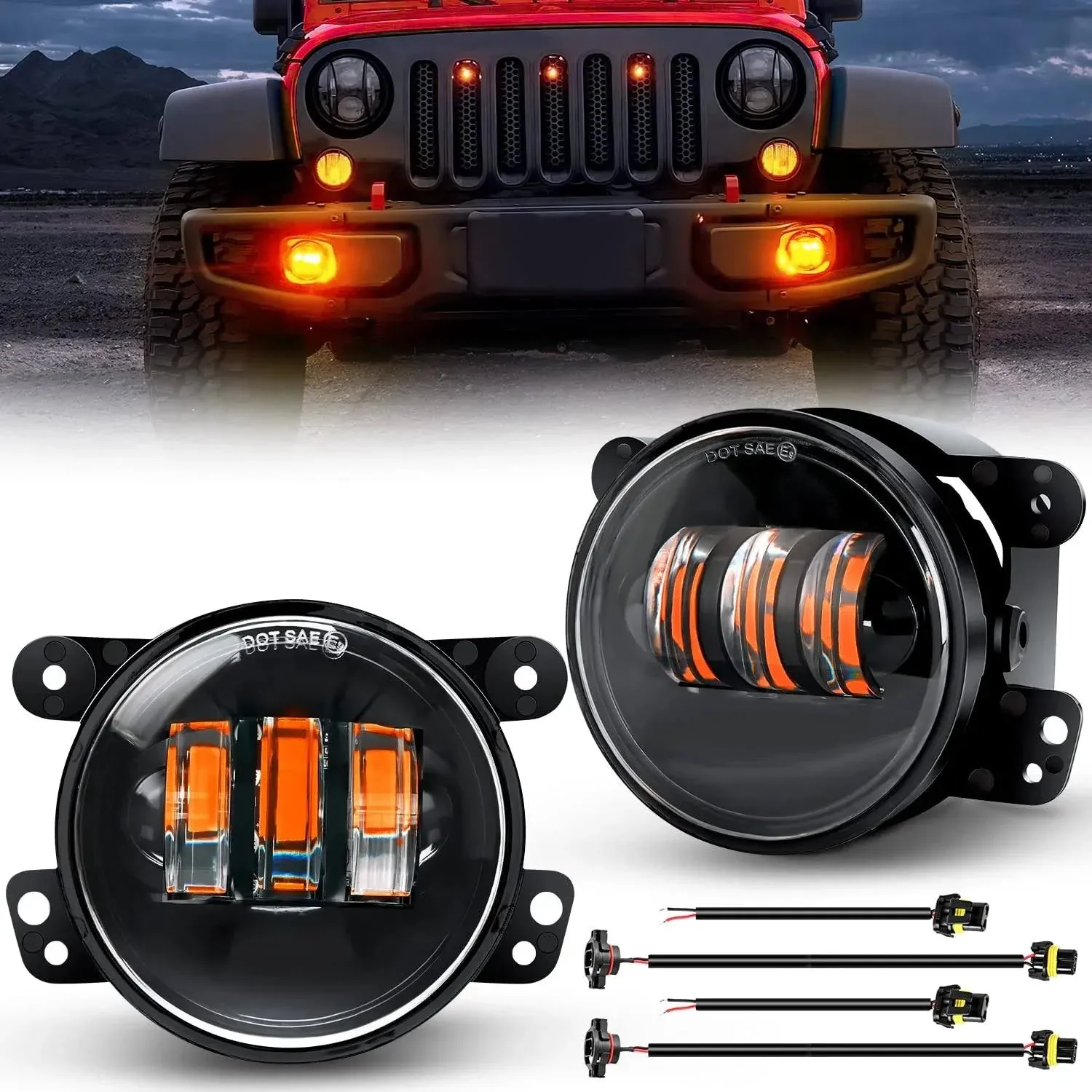 Nilight 4 Inch LED Fog Light Assembly Compatible with 2007 2008 2009 2010 2011 2012 2013 2014 2015 2016 2017 2018 Jeep Wrangler JK Unlimited JKU w/Conversion Cable Amber Fog Lamps