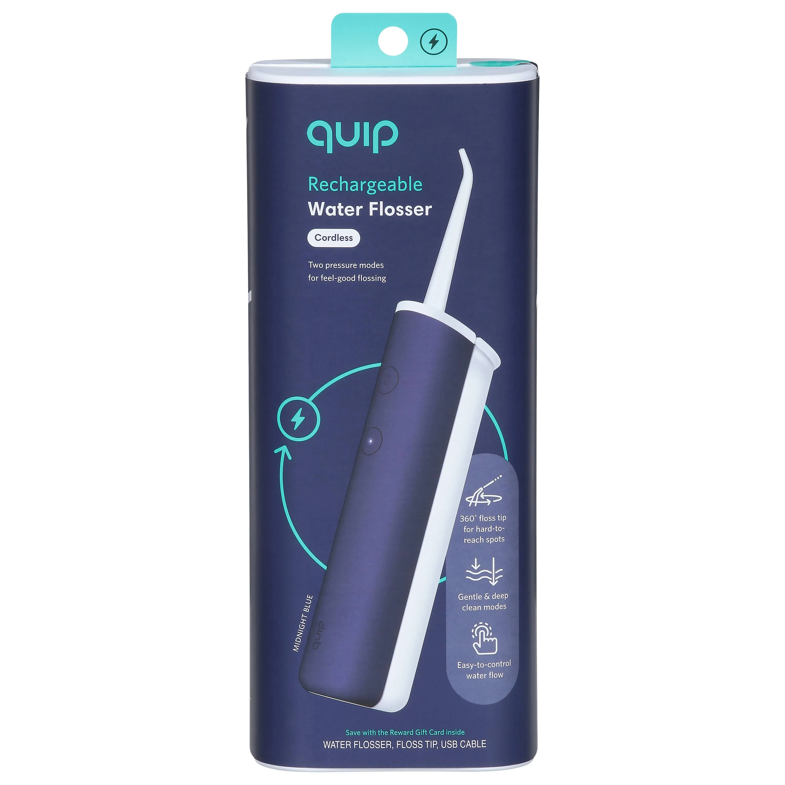 Quip Rechargeable Cordless Water Flosser - Plastic | 2 Modes + 360o Tip - Midnight Blue