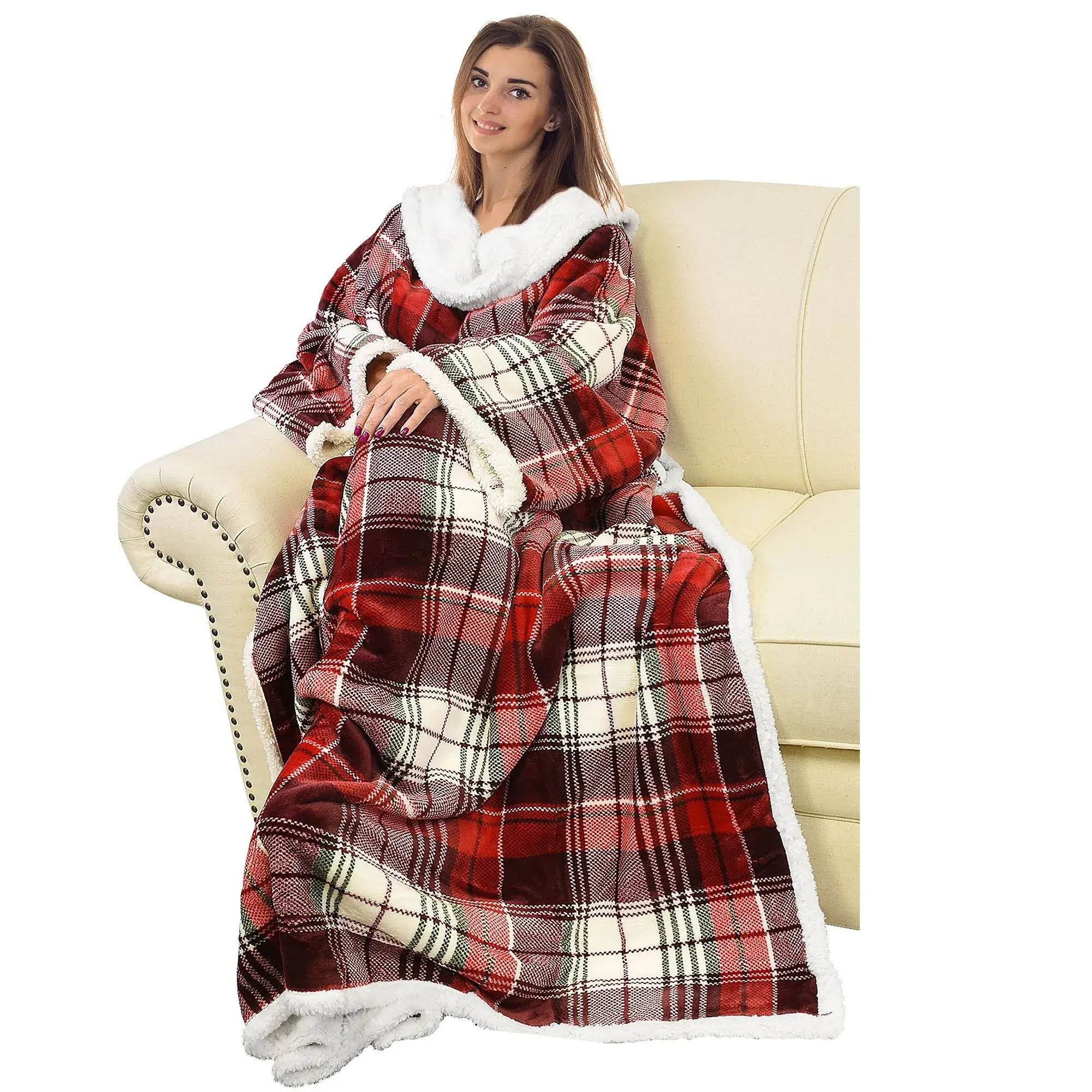 Plush Sherpa Fleece Wearable TV Blanket with Sleeves Arms