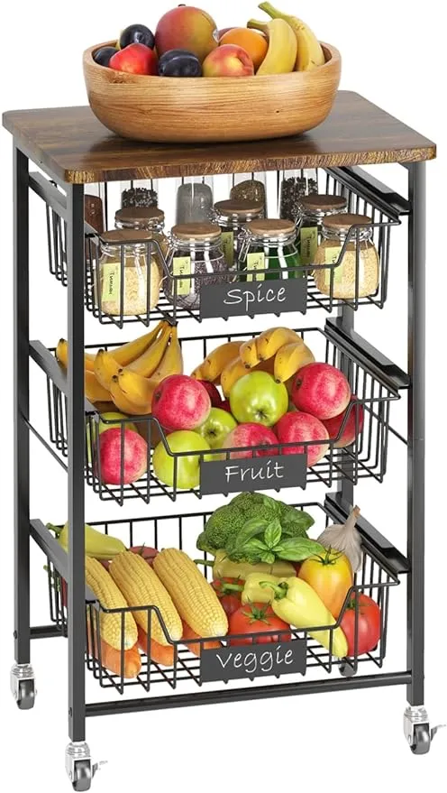 4Tier Roling Cart, Utility Cart, Storage Cart, Kitchen Carts on Wheels with Wood Top, Pull-Out Wire Basket for Fruit4Tier Roling Cart, Utility Cart, Storage Cart, Kitchen Carts…