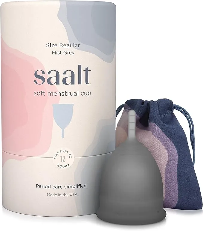 Saalt Soft Menstrual Cup - Super Soft and Flexible - Best Sensitive Cup - Wear for 12 Hours - Tampon and Pad Alternative (Grey, Regular)Saalt Soft Menstrual Cup - Super Soft and Flexible - Bes…