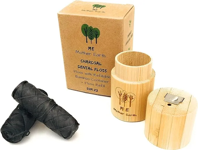 Vegan Biodegradable Bamboo Charcoal Dental Floss with Refillable Bamboo Container ...