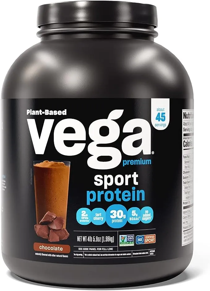 Vega Sport Premium Vegan Protein Powder Chocolate(45 Servings) 30g Plant Based Protein,5g BCAAs,Dairy Free,Gluten Free,Non GMO,Pea Protein for Women and Men,4lbs 5.9Oz(Packaging May Vary)