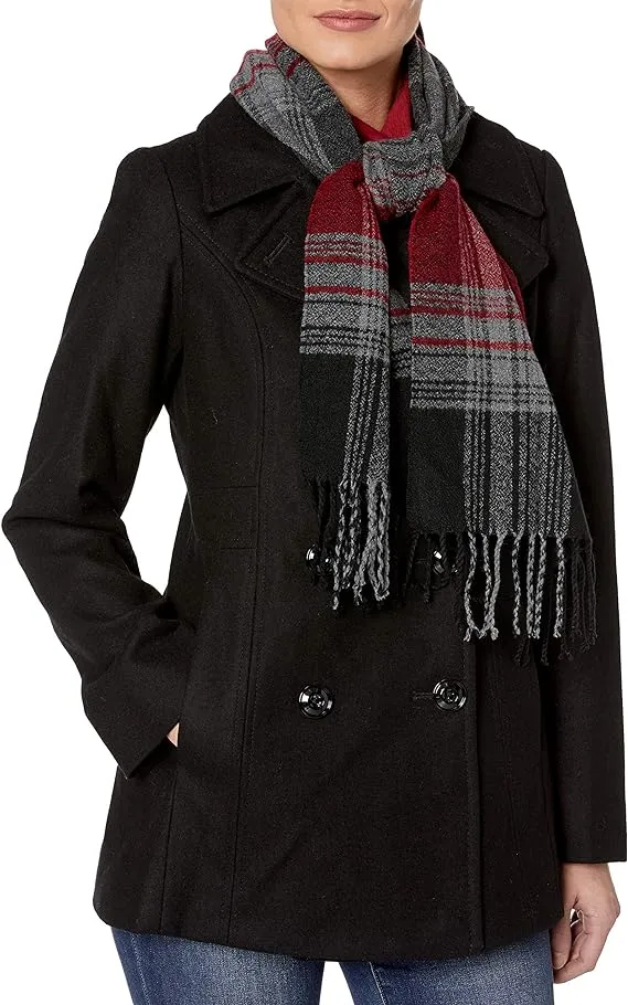 London Fog XL Wool Blend Peacoat With Scarf Double Breasted Black Womens