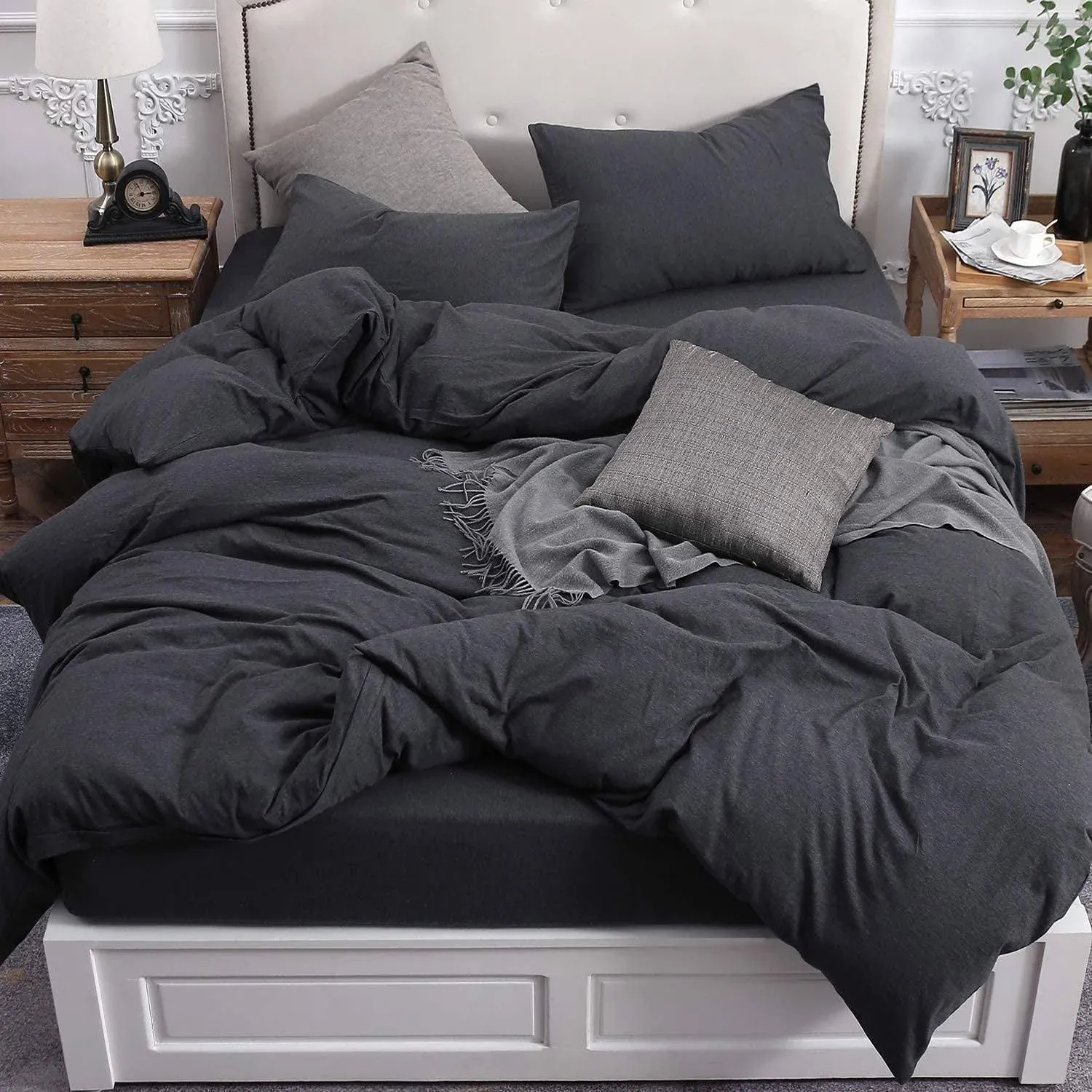 PURE ERA Jersey Knit Duvet Cover Set 100% T-Shirt Cotton Super Soft Comfy 3pc Bedding Set with Zipper Closure (Heather Charcoal Grey, Full)PURE ERA Jersey Knit Duvet Cover Set 100% T-Shirt Cott…