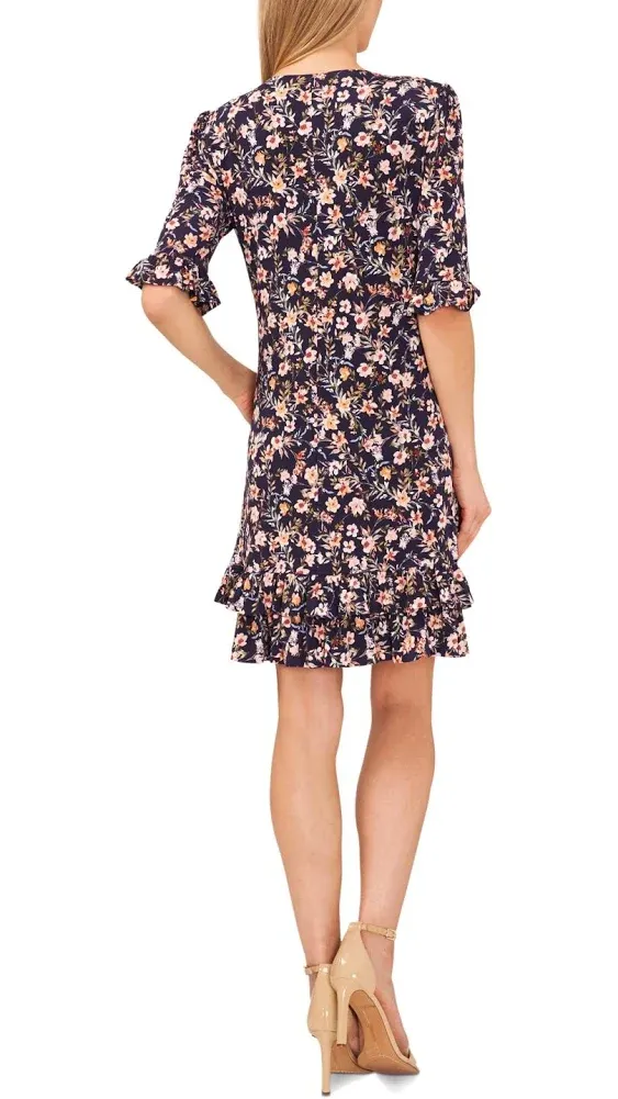 "Women's Floral-Print Elbow-Sleeve Shift Dress"