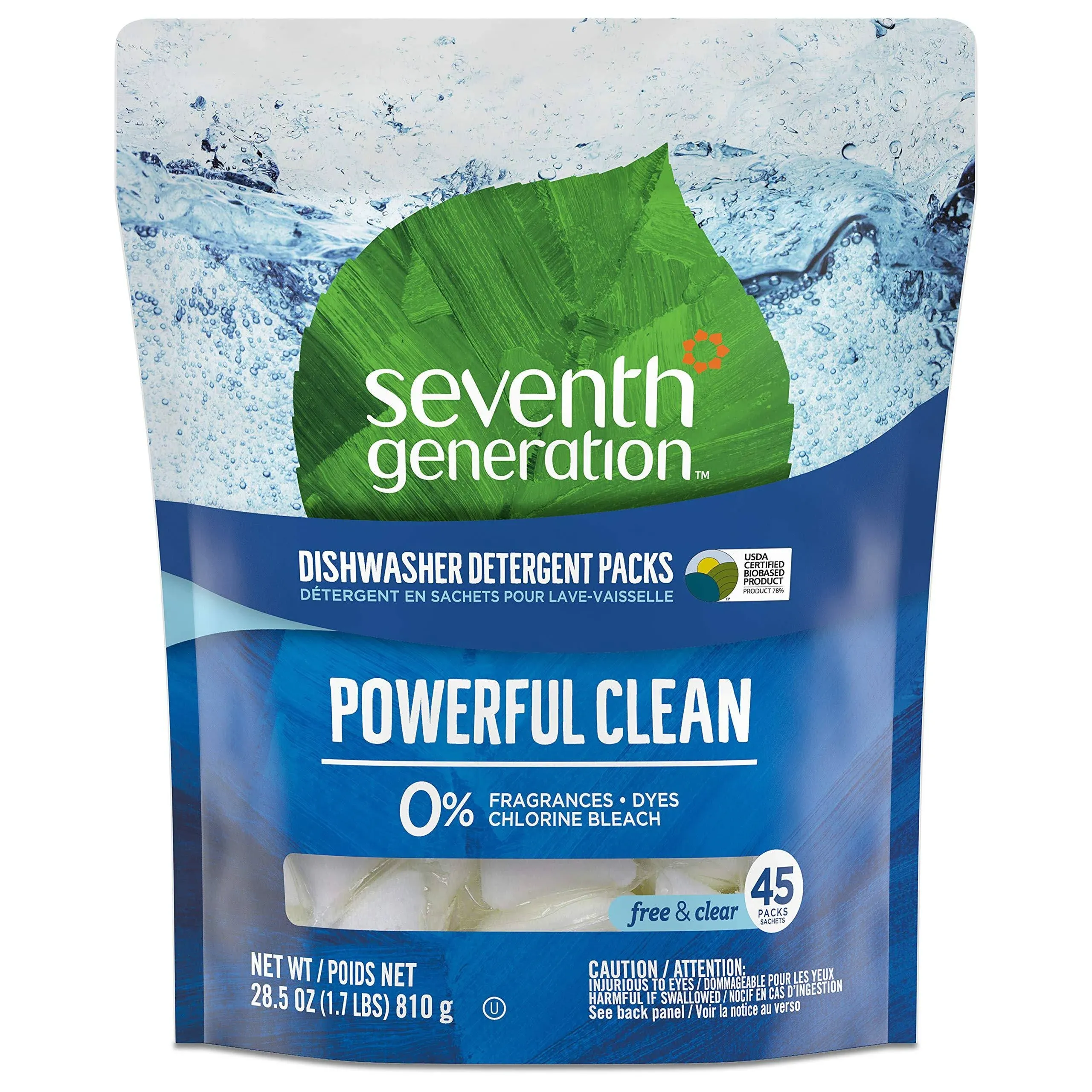 Seventh Generation Dishwasher Detergent, Free & Clear, 45 Packs - 45 packs, 28.5 oz