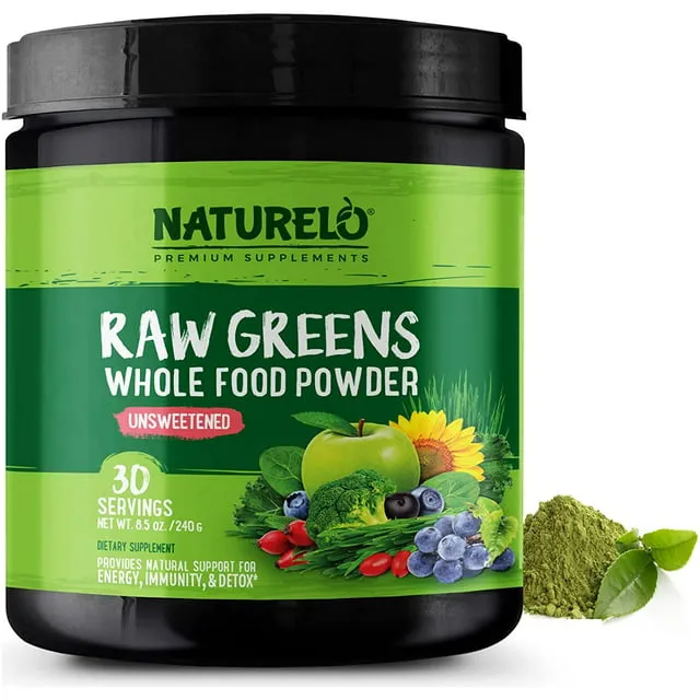 NATURELO Raw Greens Superfood Powder - Unsweetened - Boost Energy, Detox, Enhance Health - Organic Spirulina - Wheat Grass - Whole Food Nutrition from Fruits & Vegetables - 60 Servings